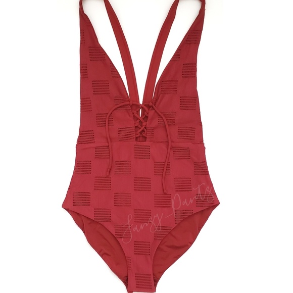 Onia Iona one piece swimsuit plunge lace up red - Picture 2 of 7